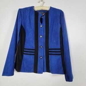Vintage Kari's Place Women Faux Suede Blazer Coat Tapered Jacket Sz 8 Blue Black